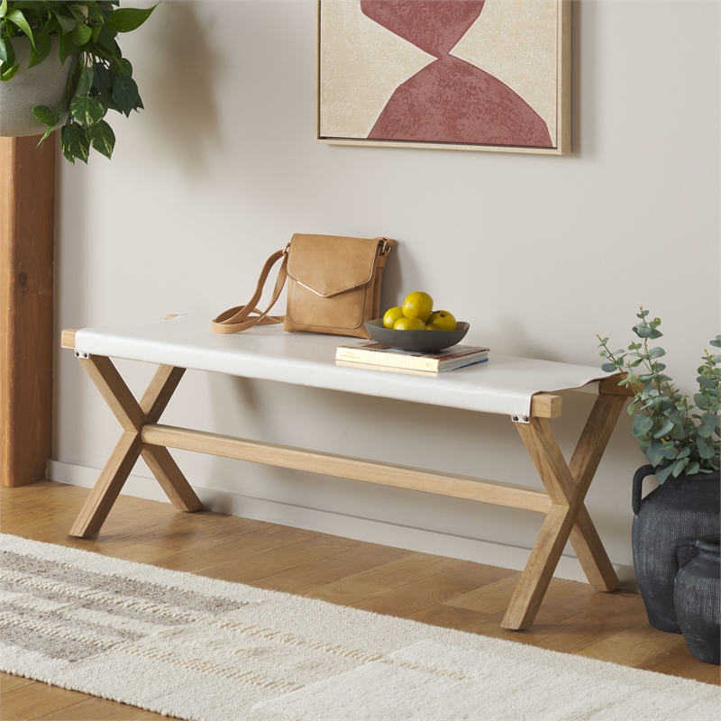 Safavieh Elron Teak and Leather Bench in White / Natural