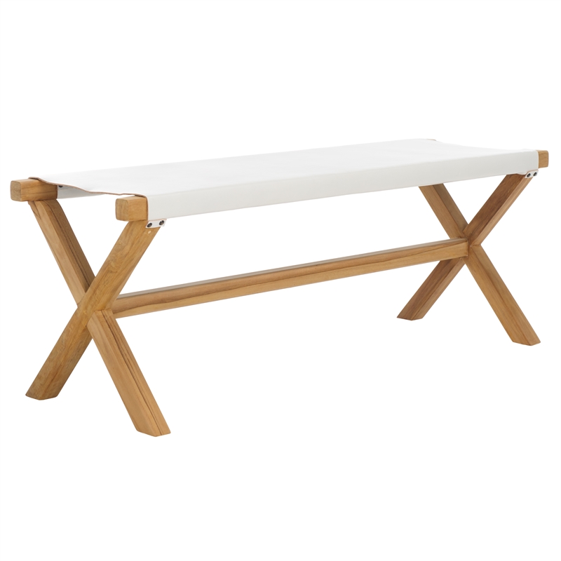 Safavieh Elron Teak and Leather Bench in White / Natural