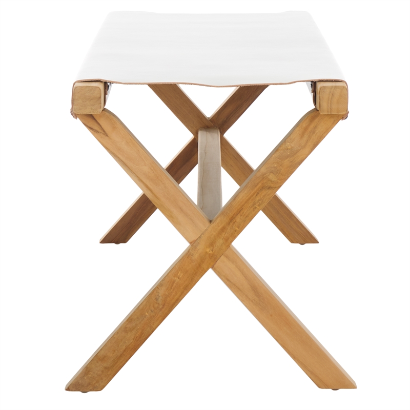 Safavieh Elron Teak and Leather Bench in White / Natural