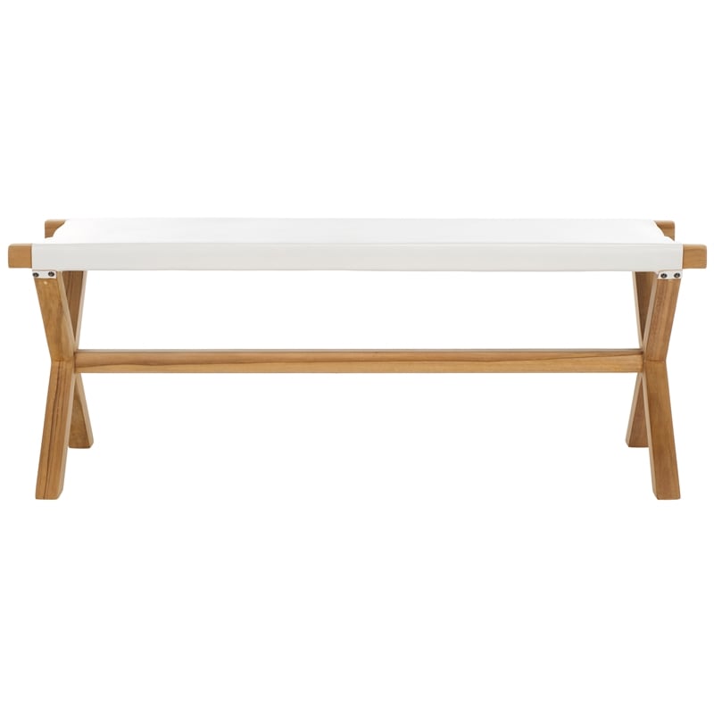 Safavieh Elron Teak and Leather Bench in White / Natural
