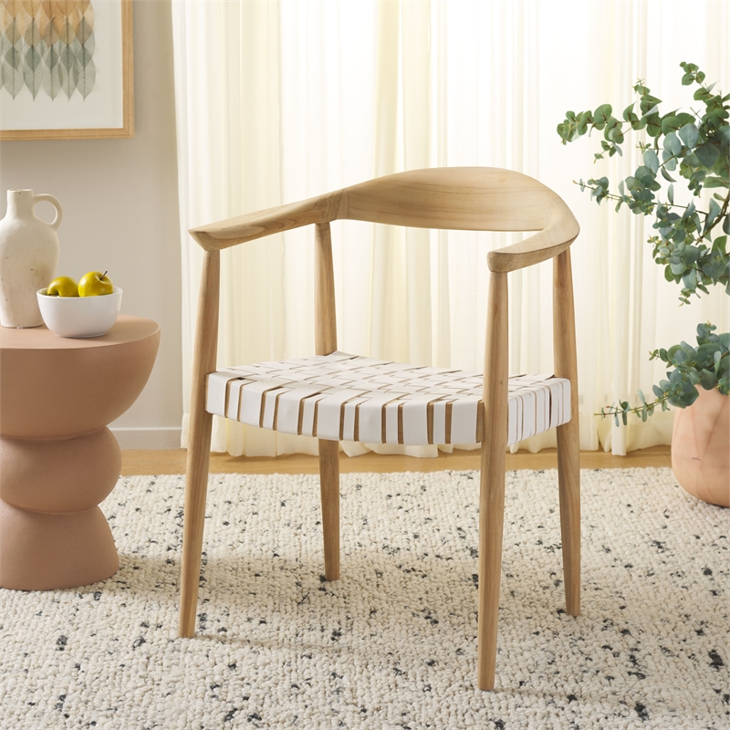 Safavieh Baden Teak Wood and Leather Accent Chair in White / Natural