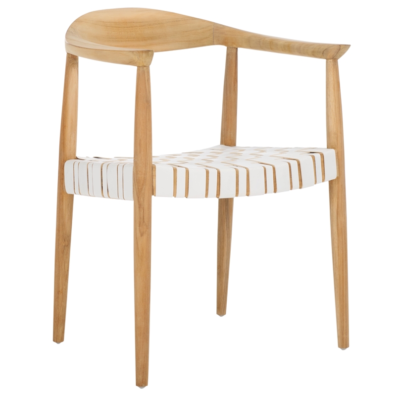 Safavieh Baden Teak Wood and Leather Accent Chair in White / Natural