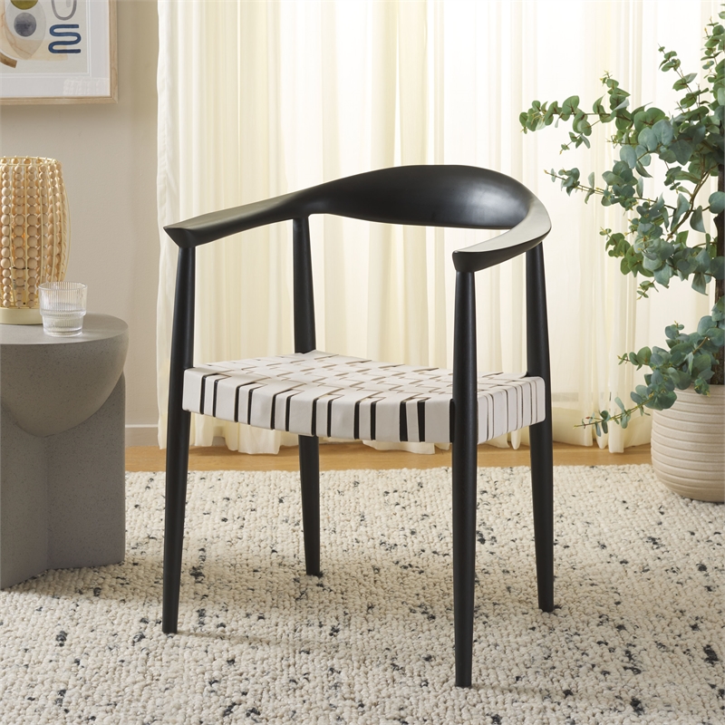 Safavieh Baden Teak Wood and  Leather Accent Chair in White / Black