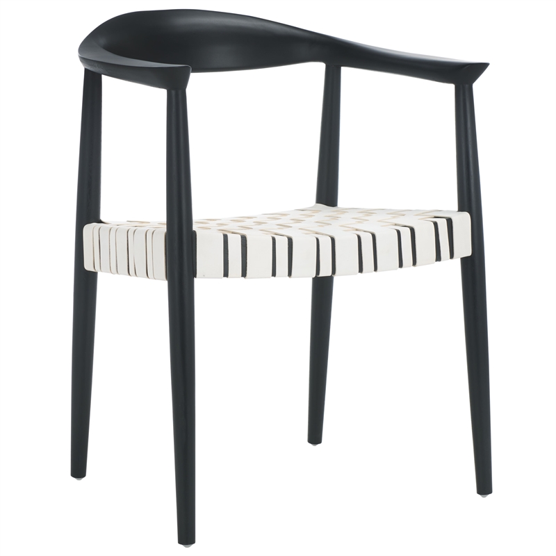 Safavieh Baden Teak Wood and  Leather Accent Chair in White / Black