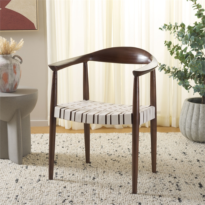 Safavieh Baden Wood and Leather Accent Chair in White / Brown