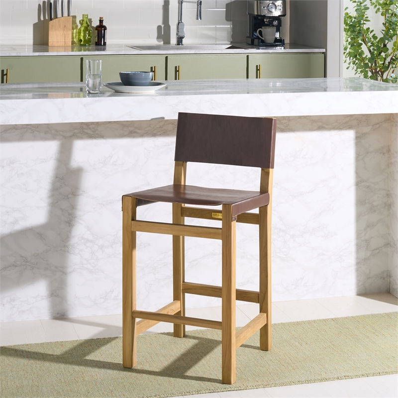 Safavieh Romee Wood and Leather Counter Stool in Amber /Natural
