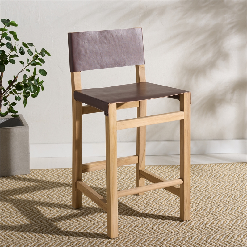Safavieh Romee Wood and Leather Counter Stool in Amber /Natural