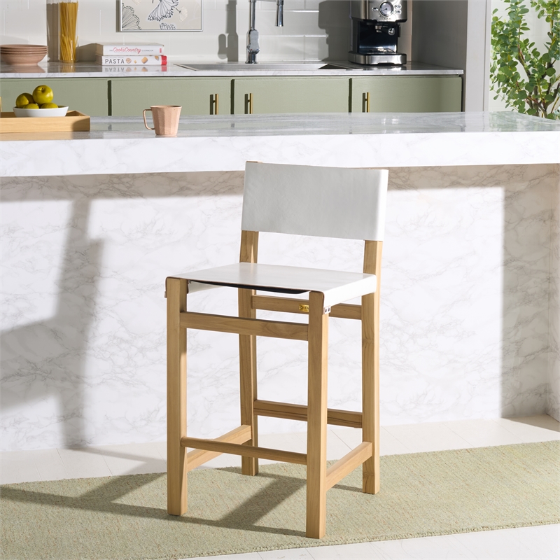 Safavieh Romee Wood and Leather  Counter Stool in White / Natural