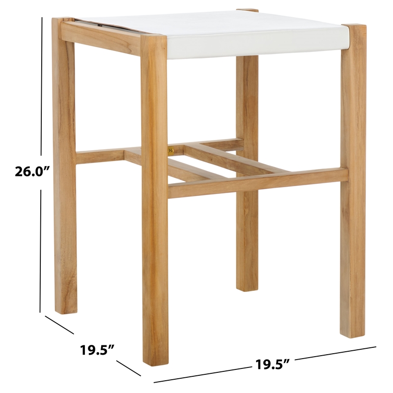 Safavieh Solana Teak and Leather Counter Stool in White / Natural