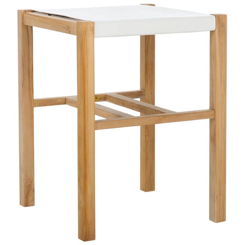 Safavieh Solana Teak and Leather Counter Stool in White / Natural