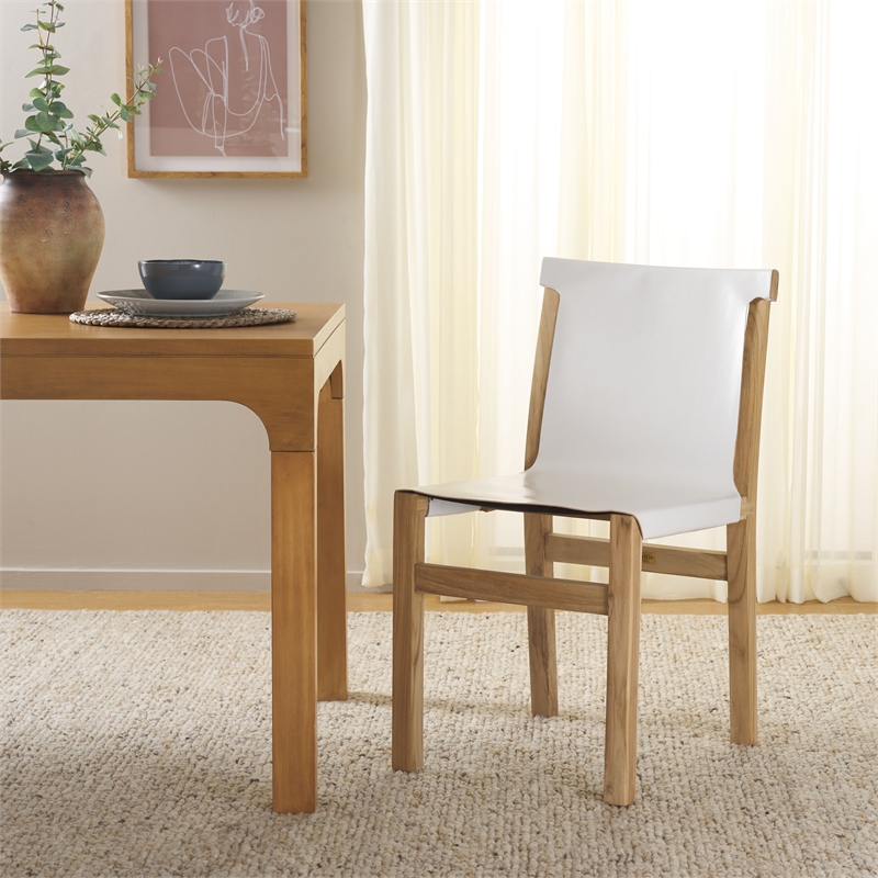 Safavieh Arian Teak and Leather Dining Chair in White / Natural