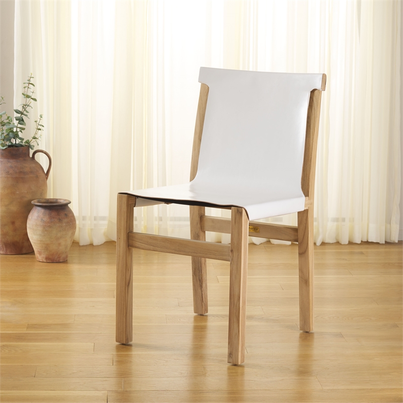 Safavieh Arian Teak and Leather Dining Chair in White / Natural