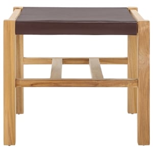 Safavieh Solana Teak and Leather Ottoman in Brown / Natural