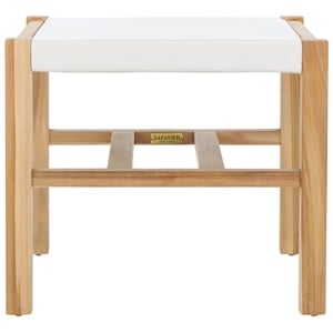 Safavieh Solana Teak  and Leather Ottoman in White / Natural