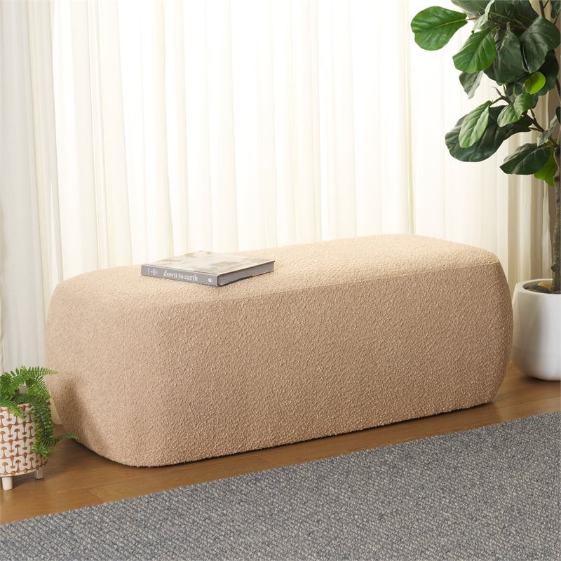Safavieh Whitley Pine Wood and Fabric Rectangular Ottoman in Tan