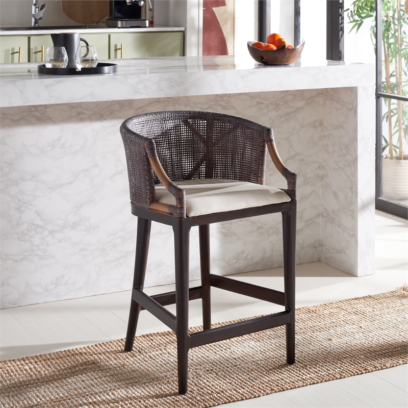 Safavieh Brando Solid Wood and Cotton  Counter Stool in Brown/ White