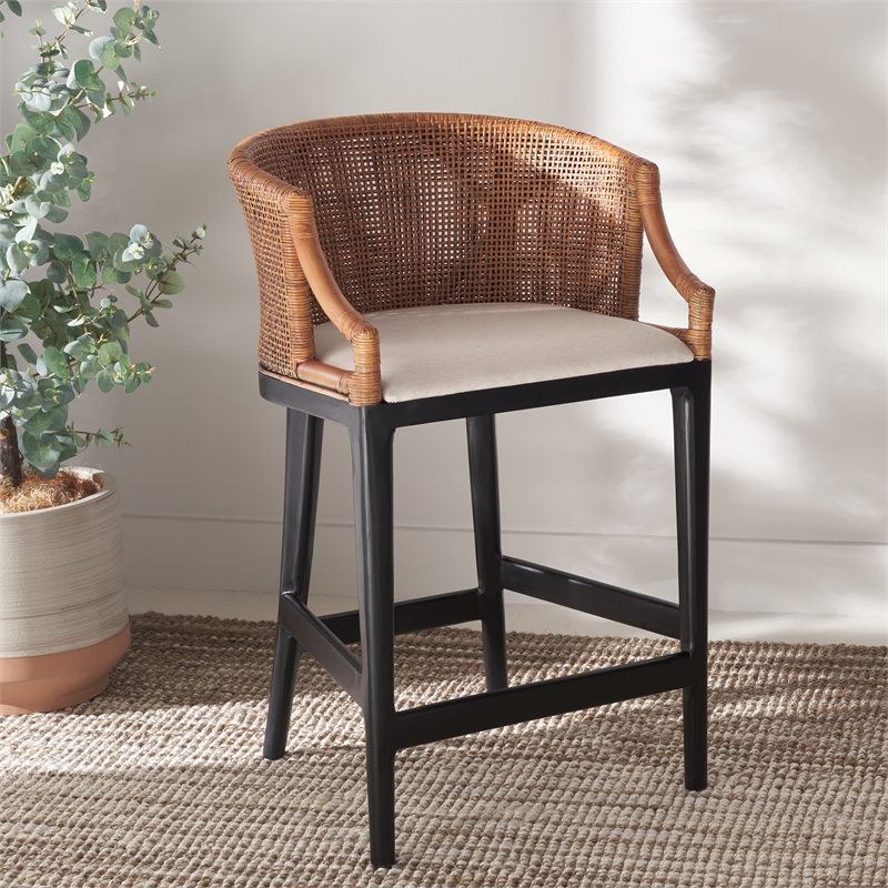 Safavieh Brando Solid Wood and Cotton Counter Stool in Brown/ Black/White