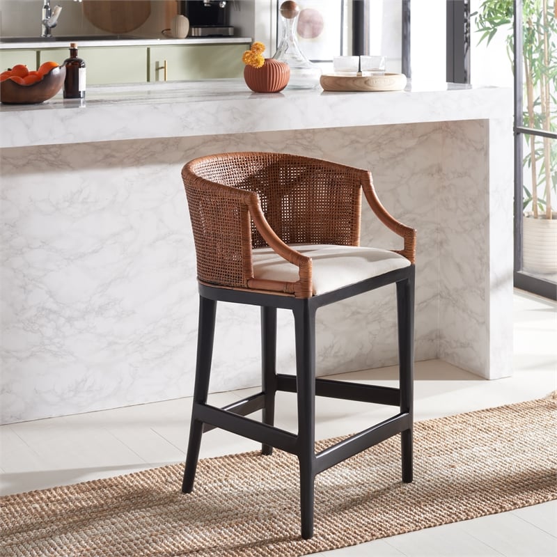 Safavieh Brando Solid Wood and Cotton Counter Stool in Brown/ Black/White