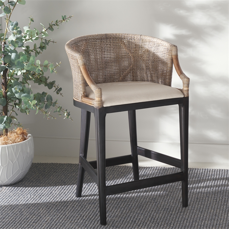 Safavieh Brando Solid Wood and Cotton Counter Stool in Light Gray / Black/ White