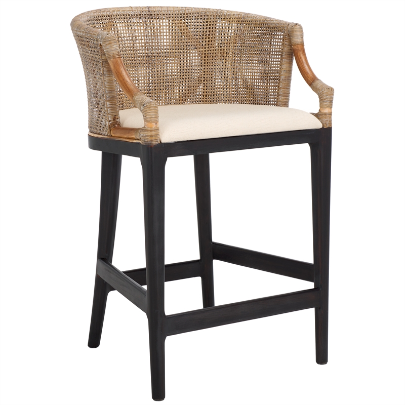 Safavieh Brando Solid Wood and Cotton Counter Stool in Light Gray / Black/ White