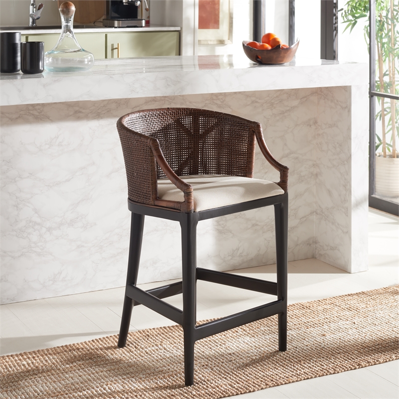 Safavieh Brando Solid Wood and Cotton Counter Stool in Brown/Black/White