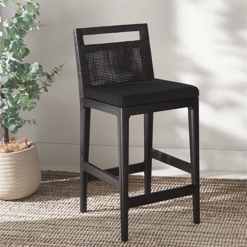 Safavieh Darin Solid Wood and Cotton Counter Stool in  Brown / Black