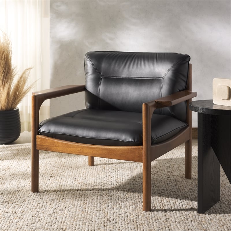Safavieh Phylis Oak Wood  and Leather Accent Chair in Black / Brown
