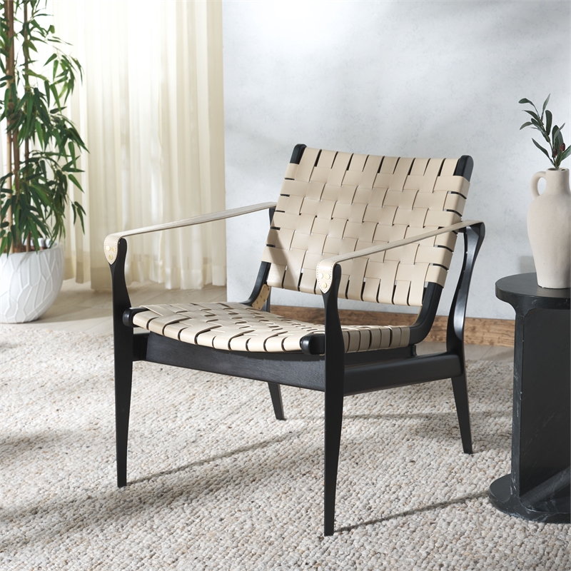 Safavieh Dilan Mahogany and Leather  Accent Chair in Black / White