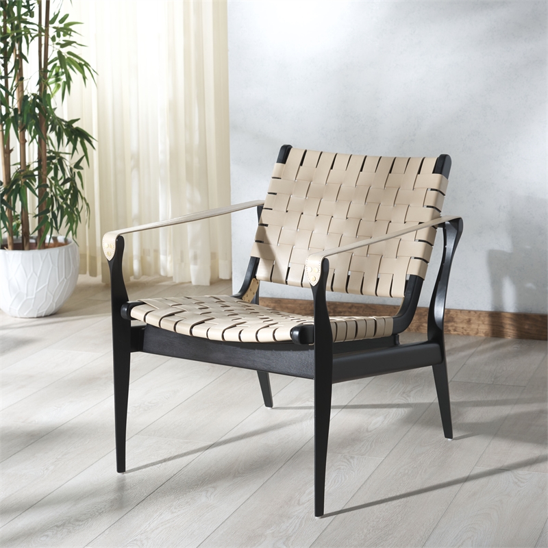 Safavieh Dilan Mahogany and Leather  Accent Chair in Black / White