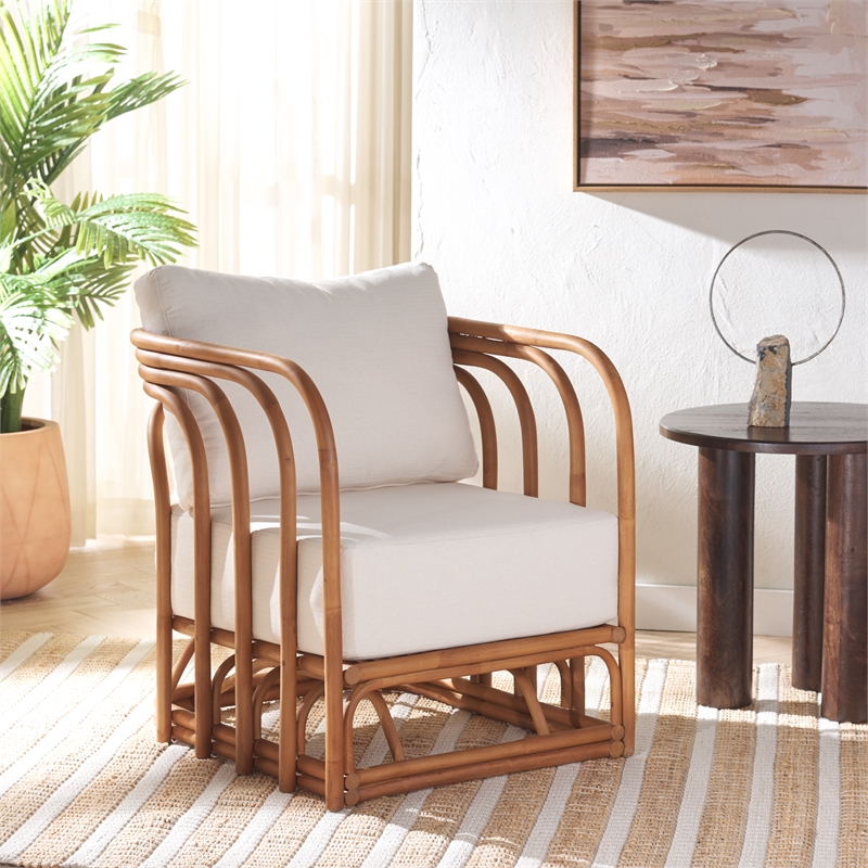 Safavieh Harlowe Rattan and Linen Accent Chair in Natural / White