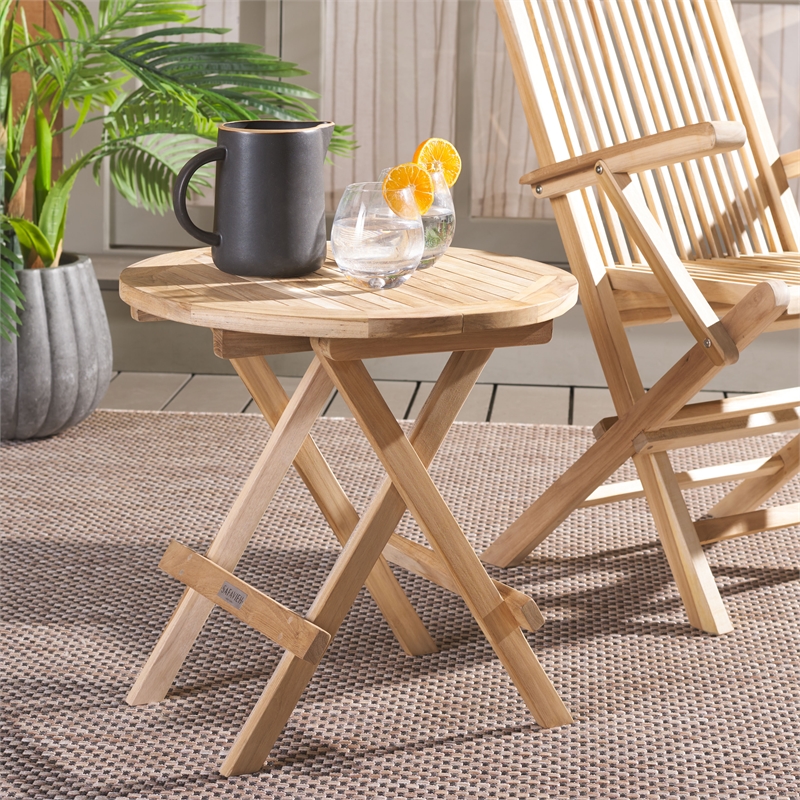 Safavieh Rory Teak Wood Round Folding Table in Natural
