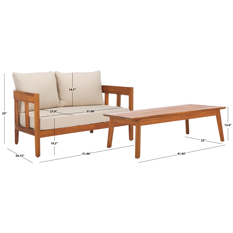 Safavieh Owen Teak Wood and Polyester Outdoor Bench and Table in Natural / Taupe