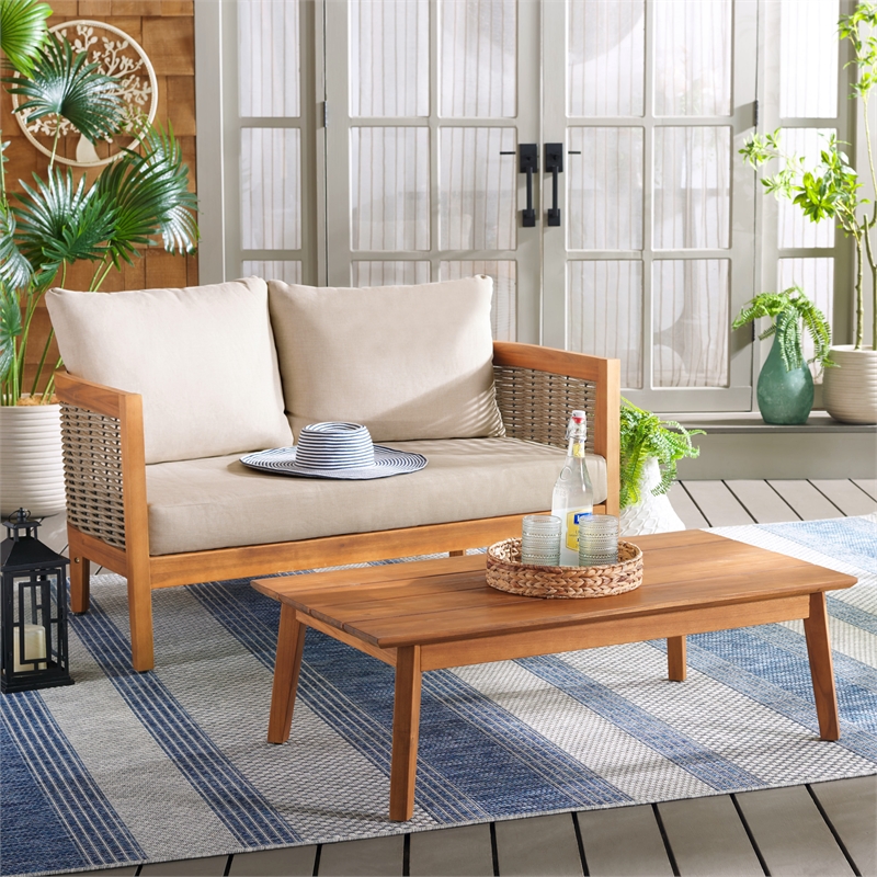 Safavieh Amanda Rattan and Polyester Outdoor Bench and Table in Natural / Taupe