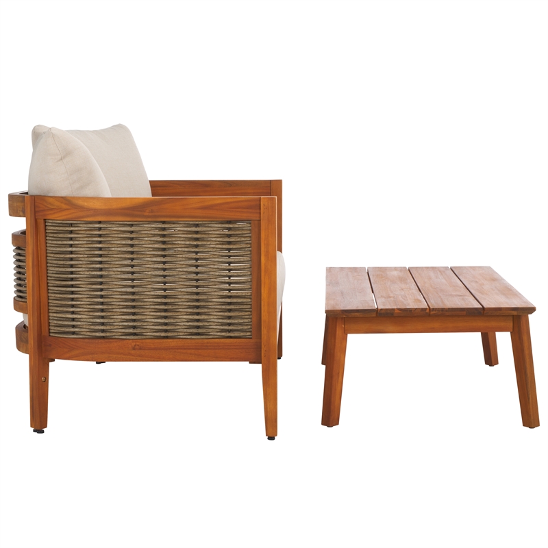 Safavieh Amanda Rattan and Polyester Outdoor Bench and Table in Natural / Taupe