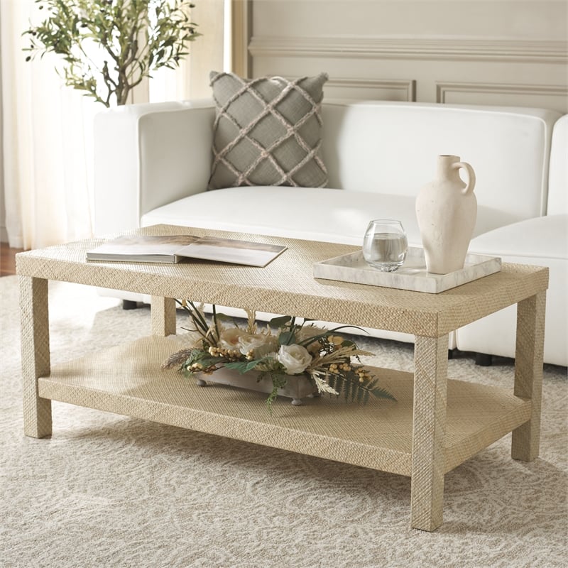 Safavieh Apis Raffia Wood 2 Shelf Coffee Table in Natural