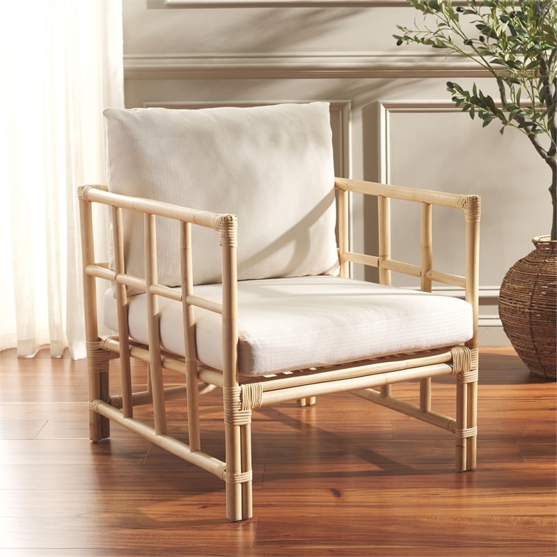 Safavieh Aisling Rattan Accent Chair with Cotton Cushion in White / Natural