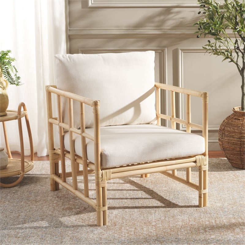 Safavieh Aisling Rattan Accent Chair with Cotton Cushion in White / Natural
