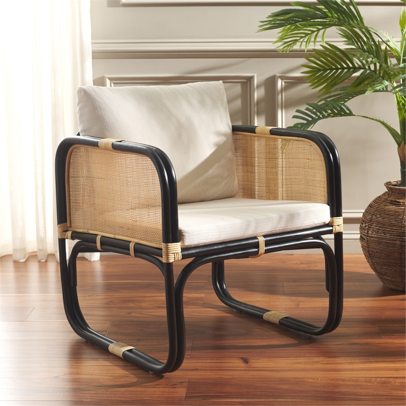 Safavieh Alybeth Rattan Accent Chair with Cotton Cushion in White / Black