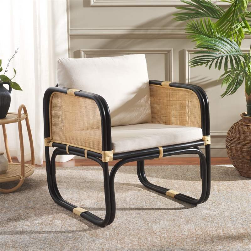 Safavieh Alybeth Rattan Accent Chair with Cotton Cushion in White / Black