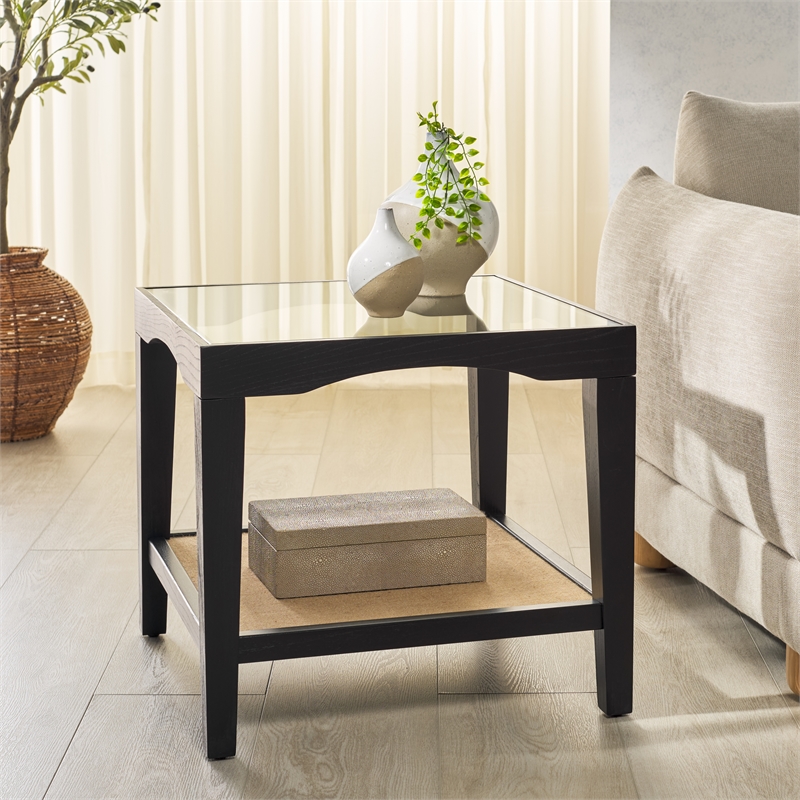 Safavieh Nicolella Square Glass and Linen Accent Table in Black