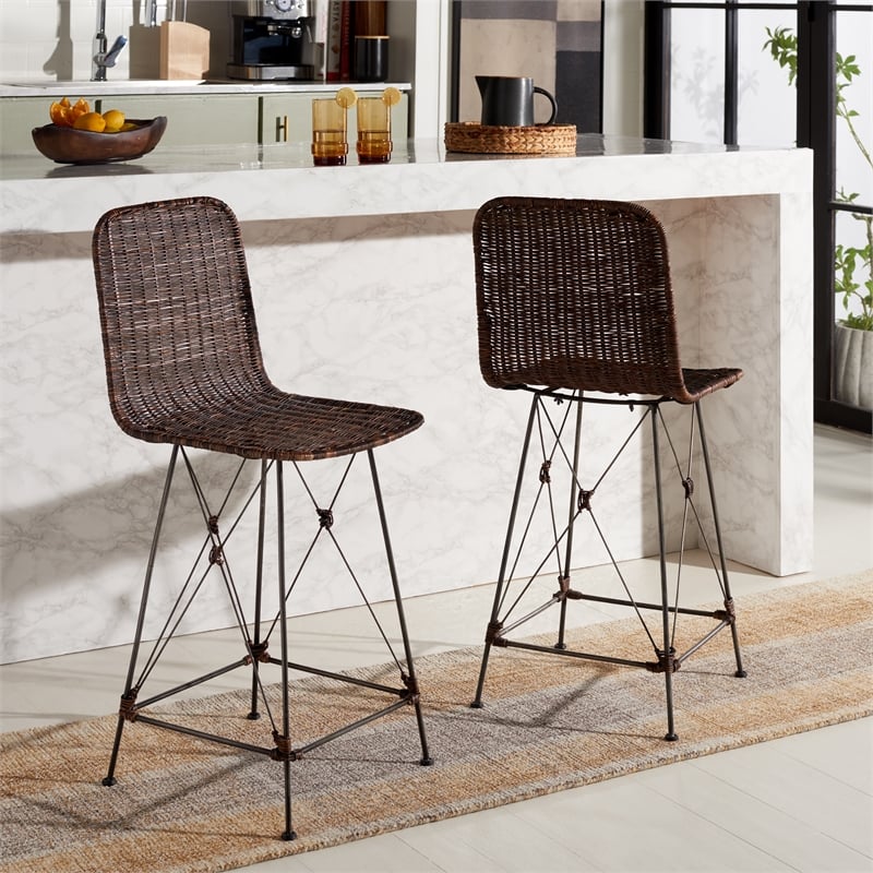 Safavieh Minerva Rattan and Iron Weaved Counter Stool in Brown / Black