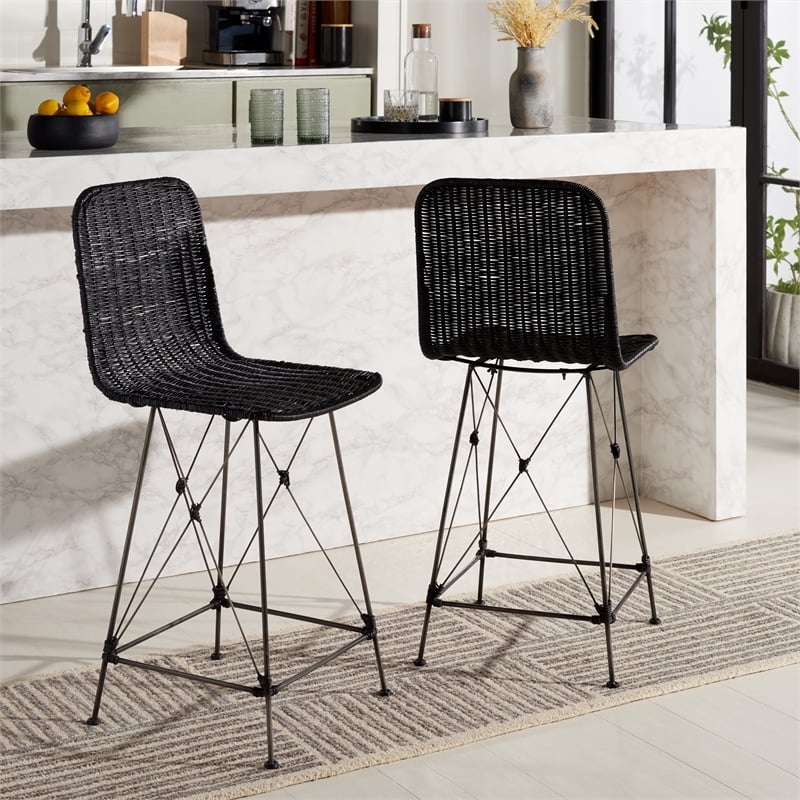 Safavieh Minerva Rattan and Iron Weaved Counter Stool in Black