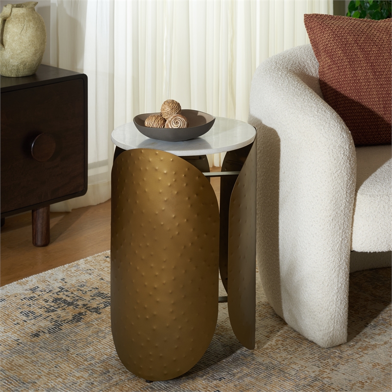 Safavieh Shiara Round Iron Accent Table in White / Brass