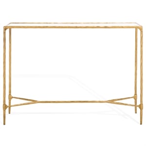 safavieh isabellina iron and glass console table in brass / clear