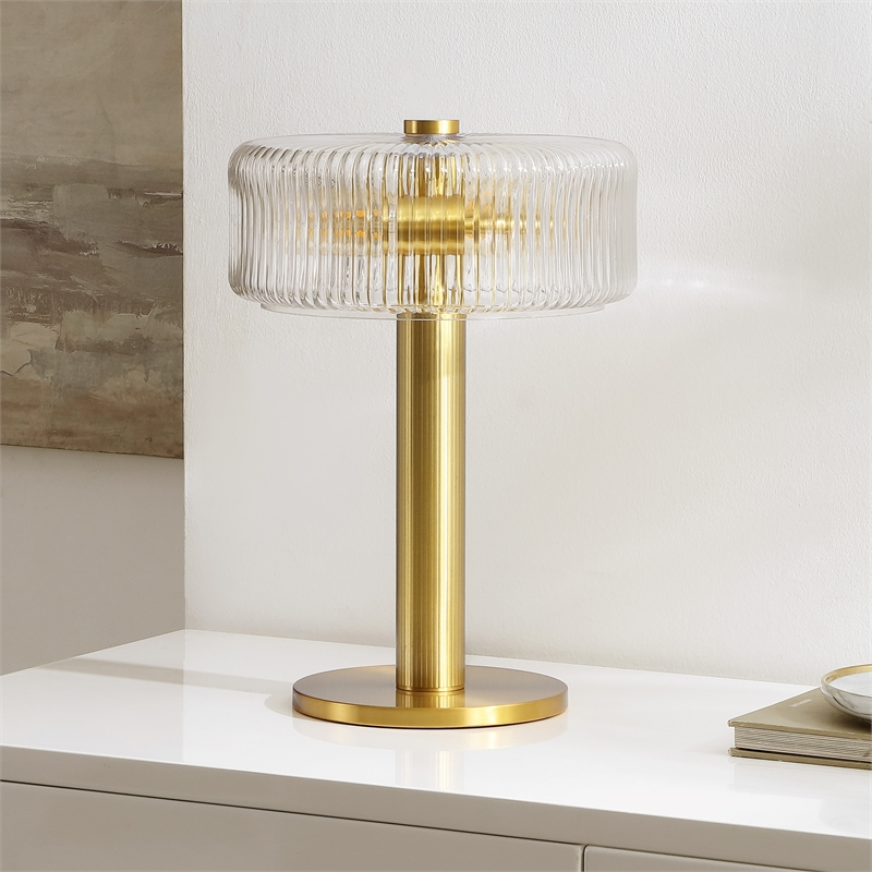 Safavieh Dua Glass and Metal Table Lamp in Clear / Brass