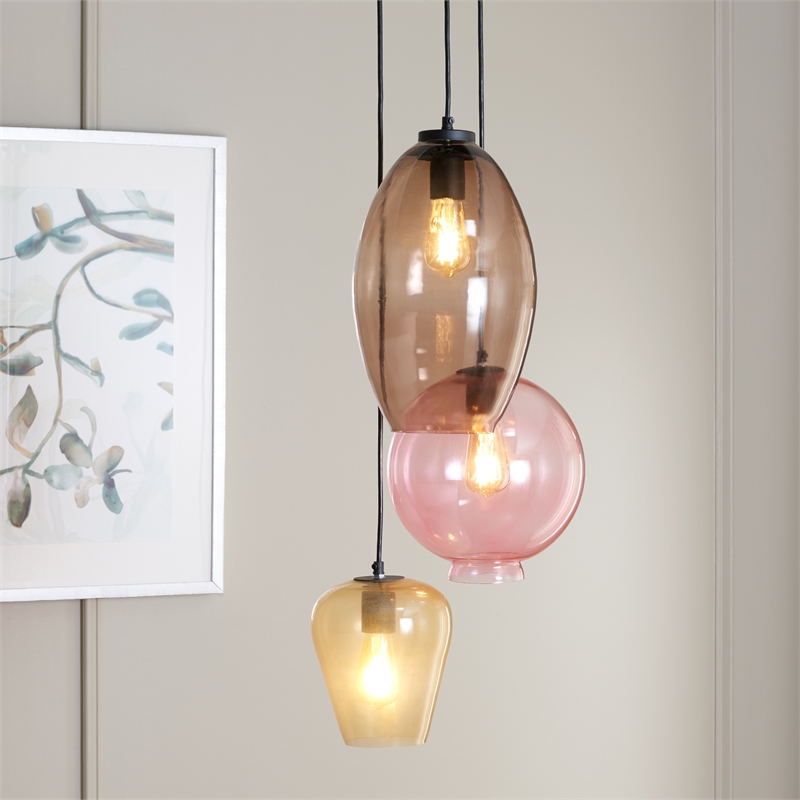 Safavieh Keoni 3 Light Glass and Iron Pendant in Multi-Color/ Black