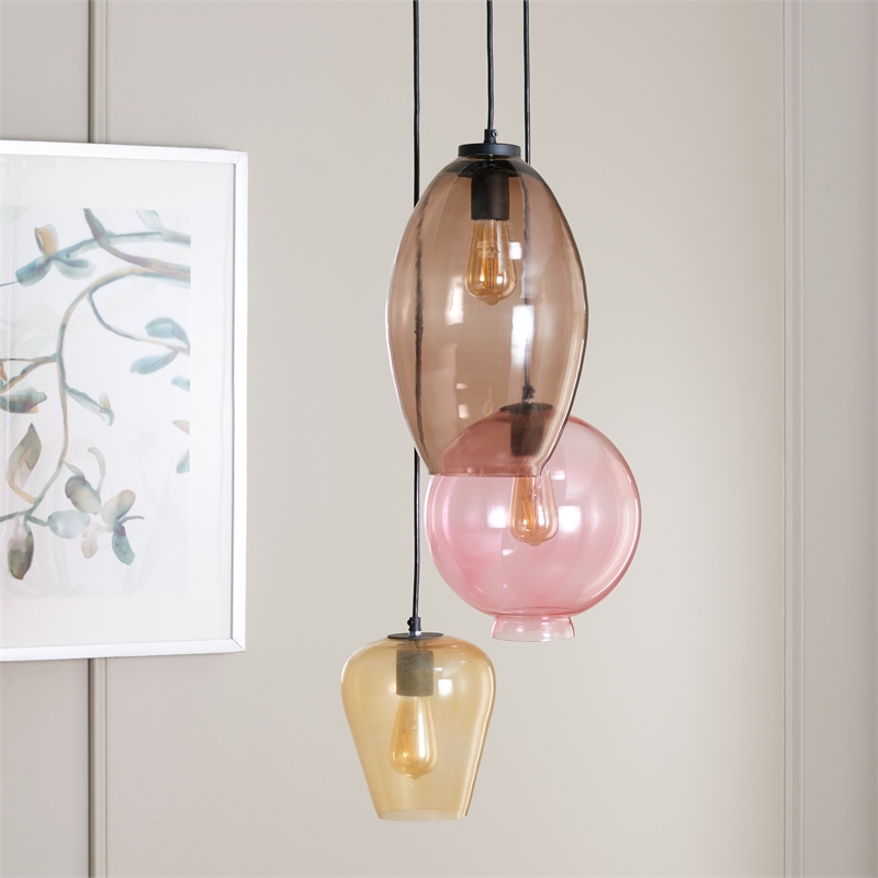 Safavieh Keoni 3 Light Glass and Iron Pendant in Multi-Color/ Black