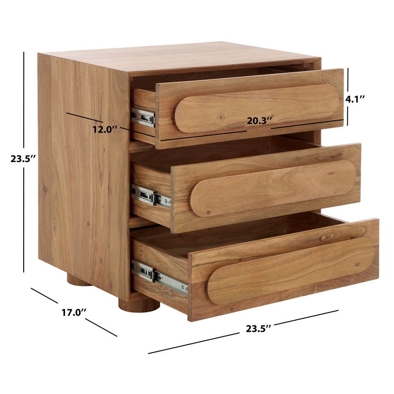 Safavieh Lesliette 3 Drawer Wood and Iron Nightstand in Natural