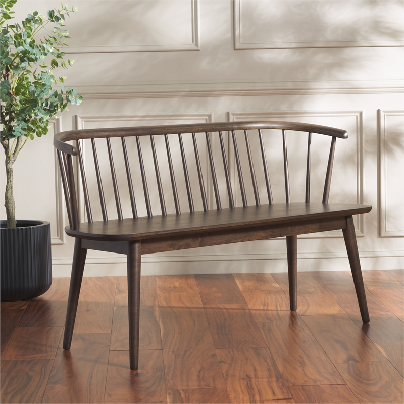 Safavieh Blanchard Wood and Iron Spindle Bench in Dark Walnut