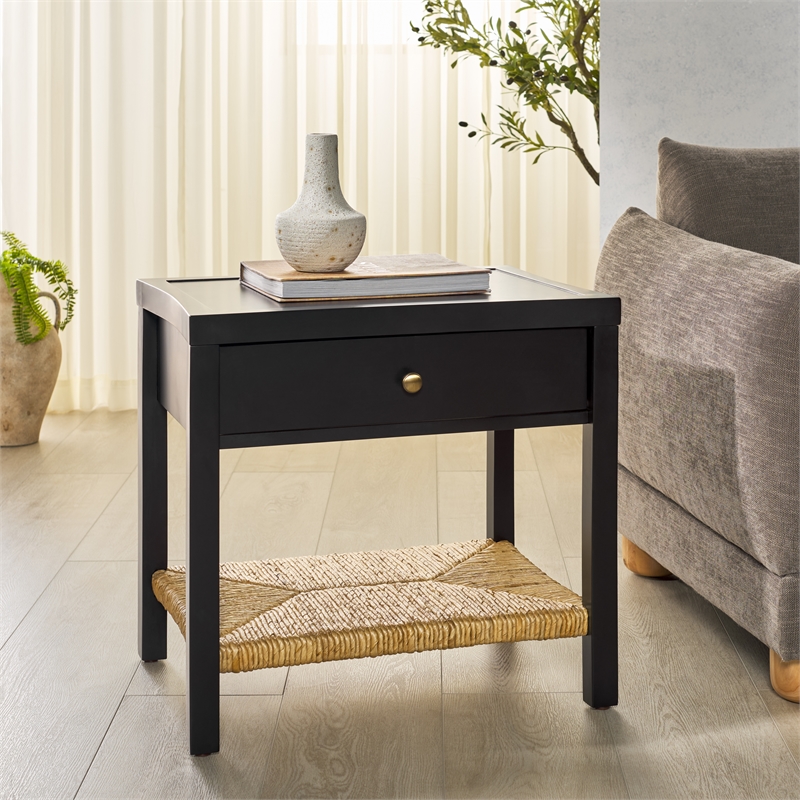 Safavieh Berlynne Wood and Banana Stem Shelf Nightstand in Black / Natural